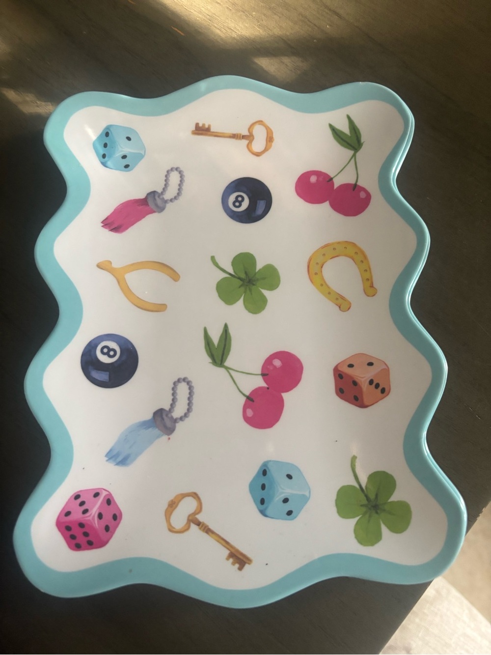 Lucky Motif Trinket Tray in White and Aqua